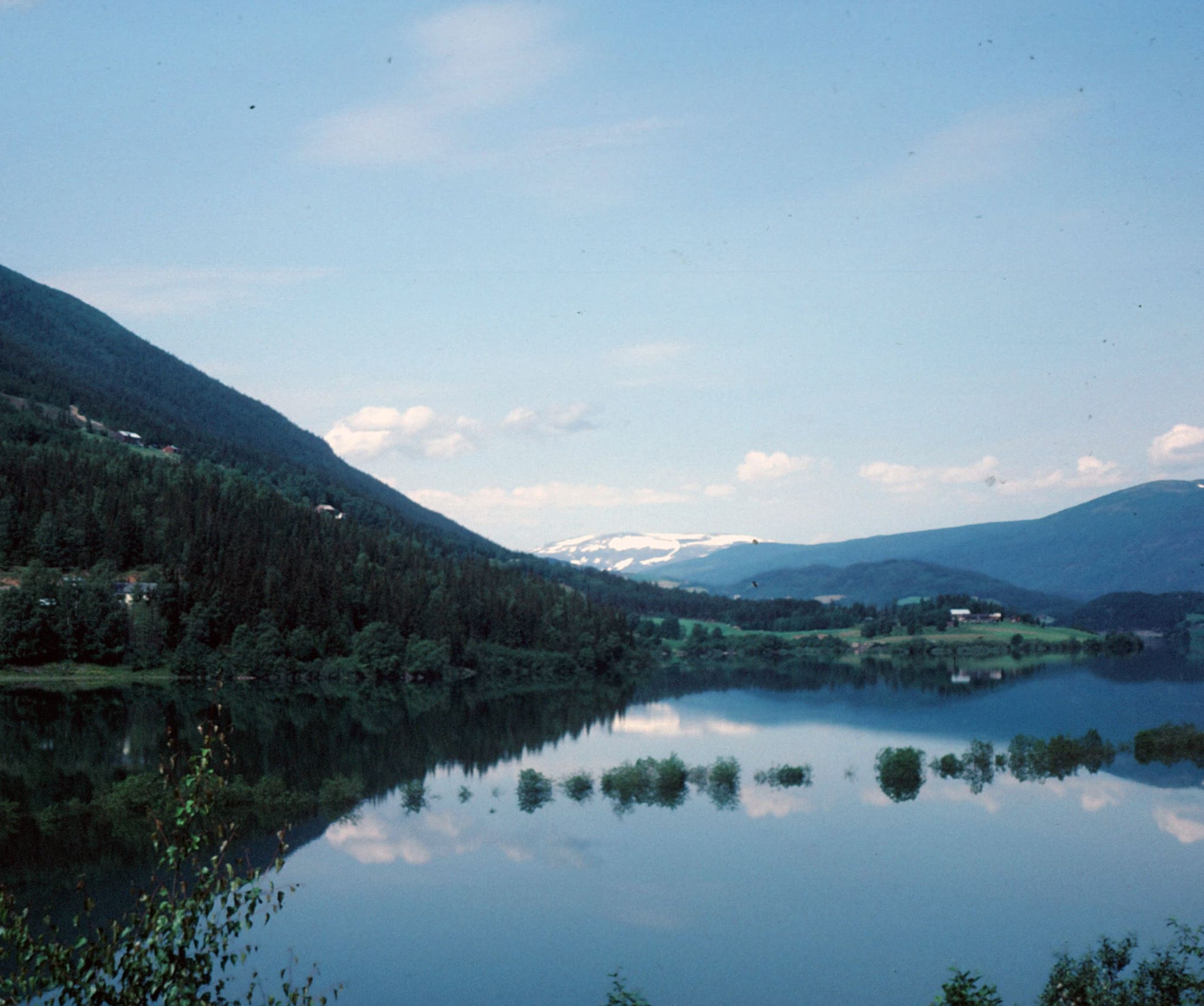 Resilient-Now: A calm lake reflects green hills and a partly cloudy sky, with some snow-capped mountains visible in the background.